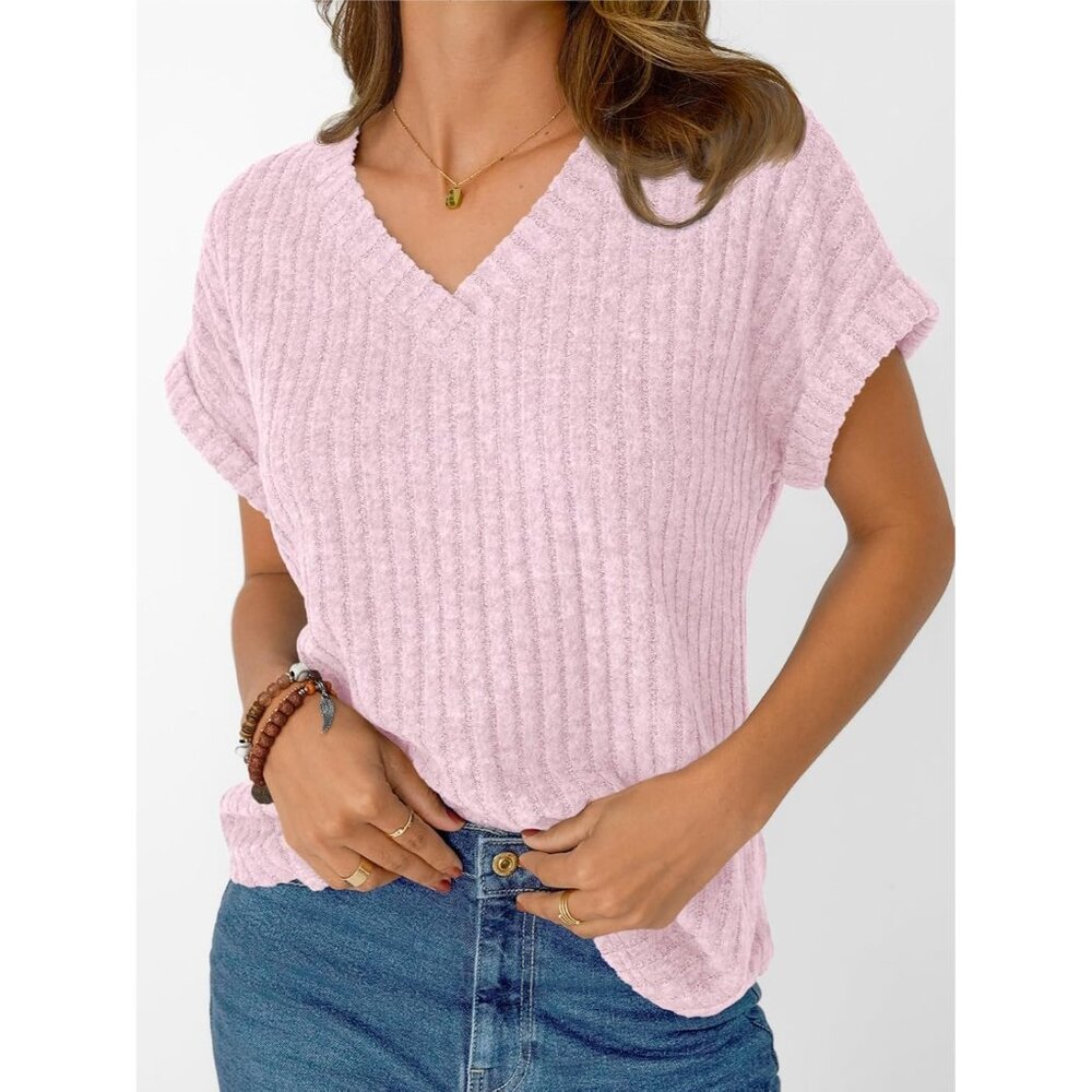 〽️Women's Pink Short Sleeve Cute V Neck Stretch Ribbed Knitwear Pullover Sweater - Picture 3 of 6